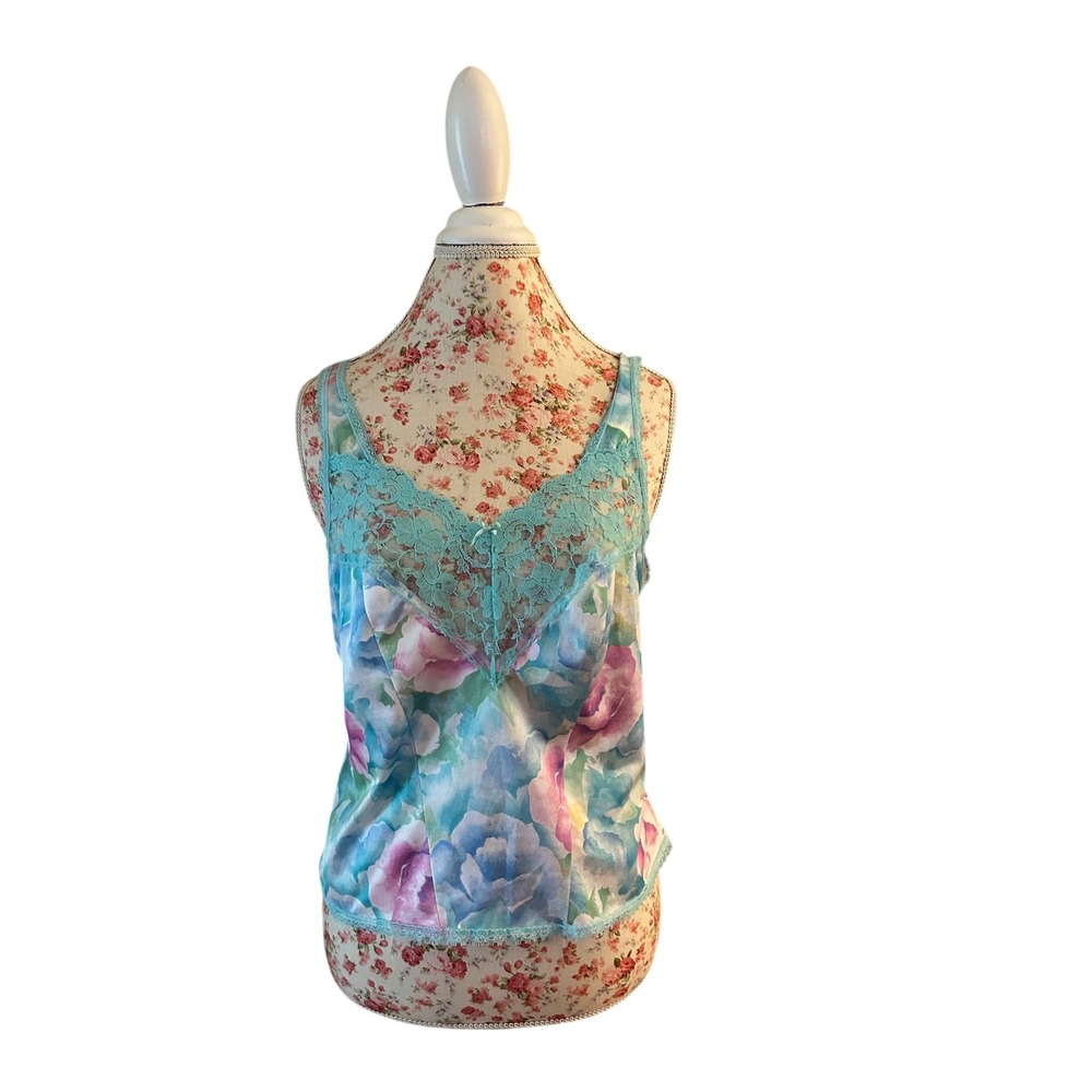 Vintage Pink And Aqua Floral Camisole Wide Scalloped Sheer Lace Shiny Lingerie M